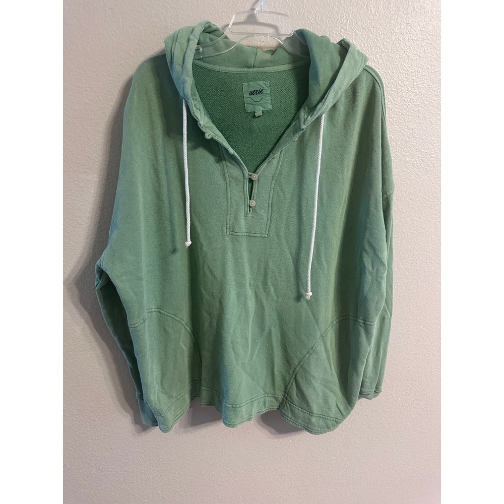 Aerie Pullover Hoodie Quarter Button Up Green Comfy Sweatshirt M